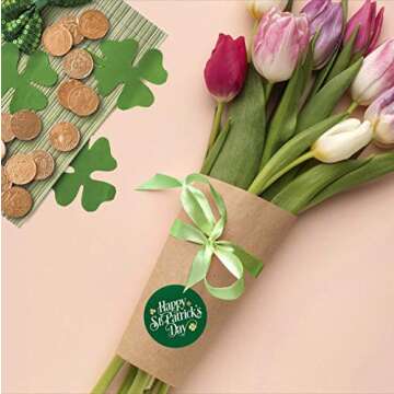 easykart labels 500 Happy St. Patrick's Day Stickers Shamrock Roll Labels Metallic Green with Gold Foil | Suitable for St. Patrick's Day Party Decorations and Crafts Supplies.| 1.5" Round Size