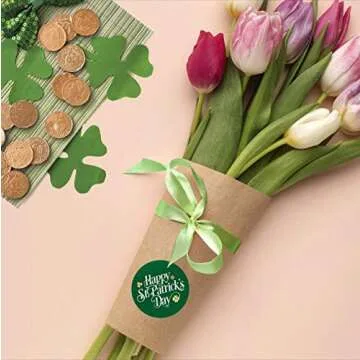 easykart labels 500 Happy St. Patrick's Day Stickers Shamrock Roll Labels Metallic Green with Gold Foil | Suitable for St. Patrick's Day Party Decorations and Crafts Supplies.| 1.5" Round Size