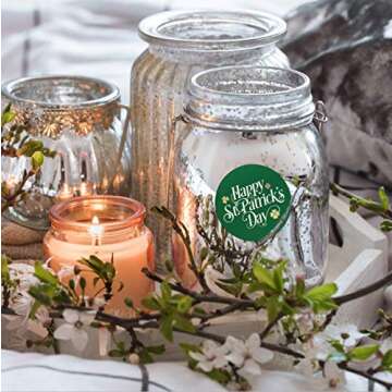 easykart labels 500 Happy St. Patrick's Day Stickers Shamrock Roll Labels Metallic Green with Gold Foil | Suitable for St. Patrick's Day Party Decorations and Crafts Supplies.| 1.5" Round Size