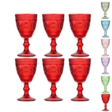 Red Vintage Wine Glasses Set of 6, 10 Ounces Colored Glass Water Goblets, Unique Floral Embossed Pat...