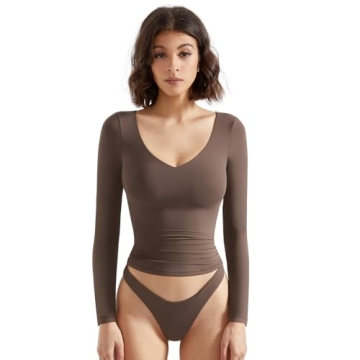 SUUKSESS Women Double Lined V Neck Going Out Crop Long Sleeve Tank Top Casual Fitted Slim Trendy Cut...