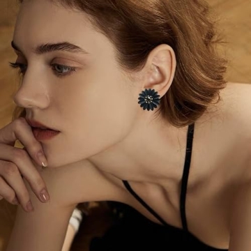 Chic Cute Boho Matte Flower Statement Stud Earrings with Gold Flower Bud for Women Sister Mom Lover and Friends (Black Daisy)