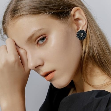 Chic Cute Boho Matte Flower Statement Stud Earrings with Gold Flower Bud for Women Sister Mom Lover and Friends (Black Daisy)