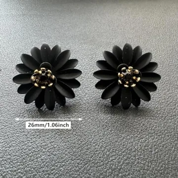 Chic Cute Boho Matte Flower Statement Stud Earrings with Gold Flower Bud for Women Sister Mom Lover and Friends (Black Daisy)