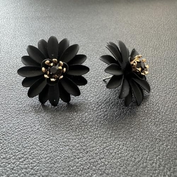 Chic Cute Boho Matte Flower Statement Stud Earrings with Gold Flower Bud for Women Sister Mom Lover and Friends (Black Daisy)