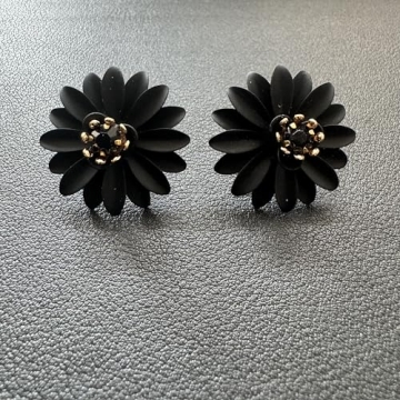 Chic Cute Boho Matte Flower Statement Stud Earrings with Gold Flower Bud for Women Sister Mom Lover and Friends (Black Daisy)