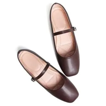 LUXINYU Mary Jane Flat Shoes for Women Soft Leather Square Toe Adjustable Buckle Strap Coffee Ballet Dance Shoes,Coffee 8