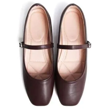 LUXINYU Mary Jane Flat Shoes for Women Soft Leather Square Toe Adjustable Buckle Strap Coffee Ballet Dance Shoes,Coffee 8