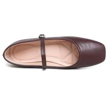 LUXINYU Mary Jane Flat Shoes for Women Soft Leather Square Toe Adjustable Buckle Strap Coffee Ballet Dance Shoes,Coffee 8
