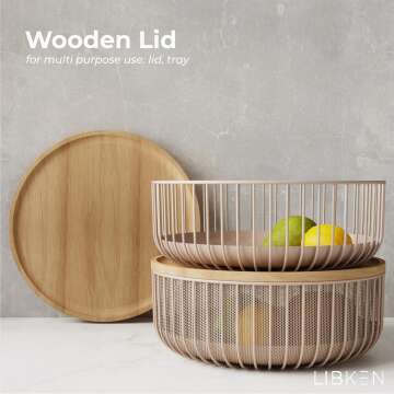 LIBKEN Metal Fruit Bowl with Secure Wooden Lid - Stylish