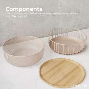 LIBKEN Metal Fruit Bowl with Secure Wooden Lid - Stylish