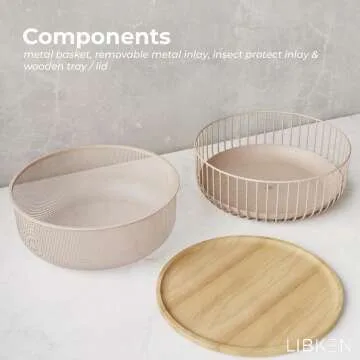 LIBKEN Metal Fruit Bowl with Secure Wooden Lid - Stylish