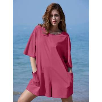 DEEP SELF Rompers for Women 2024 Casual Half Sleeve V Neck Romper Summer Vacation Outfits Shorts Jumpsuit Overall with Pockets (X-Large, Hot Pink)