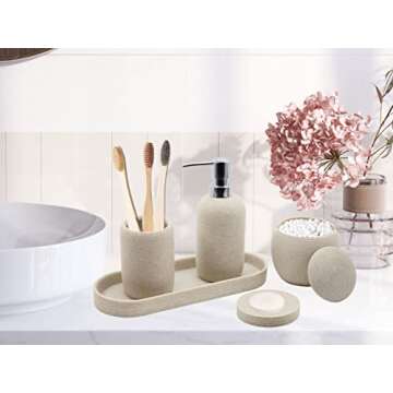 Beige Resin Bathroom Accessory Set, 5 Pcs Bathroom Accessories Set with Lotion Dispenser,Soap Dish,T...