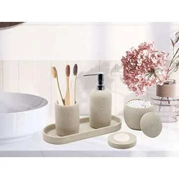 Beige Resin Bathroom Accessory Set, 5 Pcs Bathroom Accessories Set with Lotion Dispenser,Soap Dish,T...