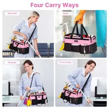 JKAOO Large Wearable Cleaning Caddy Bags,Cleaning Supplies Storage Bag with Handles and Adjustable Shoulder Strap and Removable Waist Straps,Waterproof Cleaning Bags for Home,Car,Office (Pink)