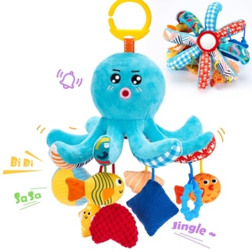 hahaland Baby Toys 0-6 Months - Octopus Toy with Pulling Cords, Squeaky, Crinkle, Rattle, Mirror - B...