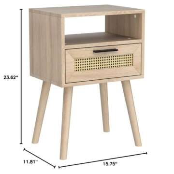 AmzYuga Nightstand, Boho Nightstand with Drawer, End Table with Open Storage, Side Table with Wood F...