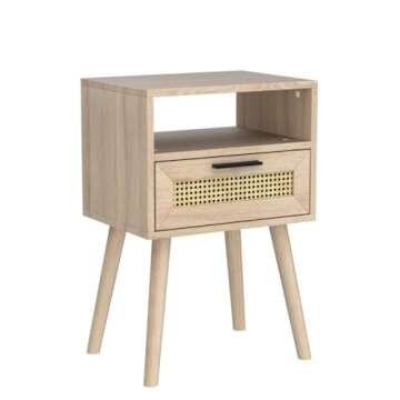 AmzYuga Nightstand, Boho Nightstand with Drawer, End Table with Open Storage, Side Table with Wood Feet, for Bedroom, Living Room, Accent Bedside Tables, Small Nightstand, Natural