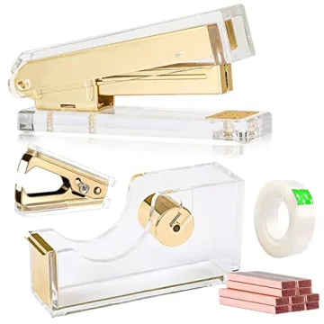 Elegant Acrylic Gold Tape Dispenser and Stapler Set - Stylish Office Supplies