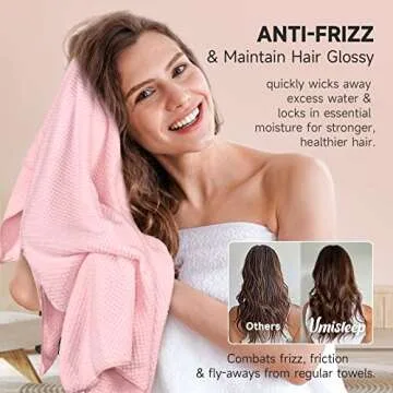 Umisleep Extra Large Microfiber Hair Towel for Women Long, Curly, Thick Hair, Super Soft Anti Frizz Quick Dry Hair Towel Wrap, Ultra Absorbent Hair Turban with Elastic Band Pink