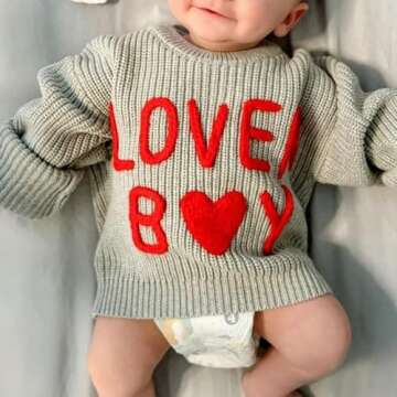 Nibbcoa Toddler Baby Boy Valentines Outfit Lover Boy Embroidery Knit Sweater Long Sleeve Crewneck Pu...