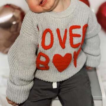 Nibbcoa Toddler Baby Boy Valentines Outfit Lover Boy Embroidery Knit Sweater Long Sleeve Crewneck Pullover Tops (Gray, 6-9 Months)