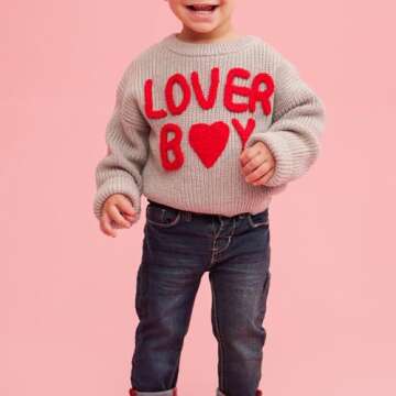 Nibbcoa Toddler Baby Boy Valentines Outfit Lover Boy Embroidery Knit Sweater Long Sleeve Crewneck Pullover Tops (Gray, 6-9 Months)