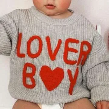Nibbcoa Toddler Baby Boy Valentines Outfit Lover Boy Embroidery Knit Sweater Long Sleeve Crewneck Pullover Tops (Gray, 6-9 Months)