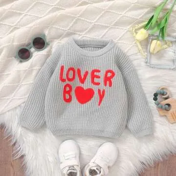 Nibbcoa Toddler Baby Boy Valentines Outfit Lover Boy Embroidery Knit Sweater Long Sleeve Crewneck Pullover Tops (Gray, 6-9 Months)
