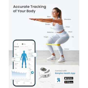 RENPHO Body Measuring Tape, Bluetooth Smart Tape Measure with Lock Hook & Retractable Function, Accu...