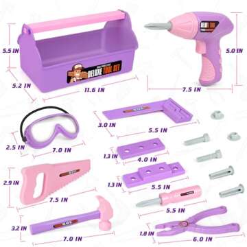 Pink Purple Kids Tool Box Toy Construction Tools (18PCS) Hand Drills,Can be Used at Home,Outdoors,or...