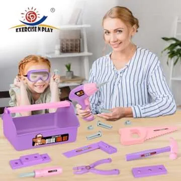 Pink Purple Kids Tool Box Toy Construction Tools (18PCS) Hand Drills,Can be Used at Home,Outdoors,or at Gatherings with Friends Pretend Play Learning Gift for Kids 3 4 5 6 7 Years Old