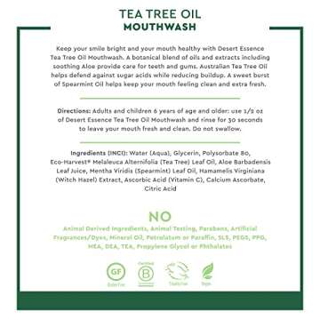 Desert Essence Tea Tree Oil Mouthwash - 16 Fl Ounce - Pack of 6 - Natural Refreshing - Spearmint Flavor - Helps Reduce Plaque Buildup - Refreshes Mouth & Gums - Vitamin C - Oral Care - No Parabens