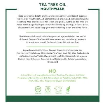 Desert Essence Tea Tree Oil Mouthwash - 16 Fl Ounce - Pack of 6 - Natural Refreshing - Spearmint Flavor - Helps Reduce Plaque Buildup - Refreshes Mouth & Gums - Vitamin C - Oral Care - No Parabens