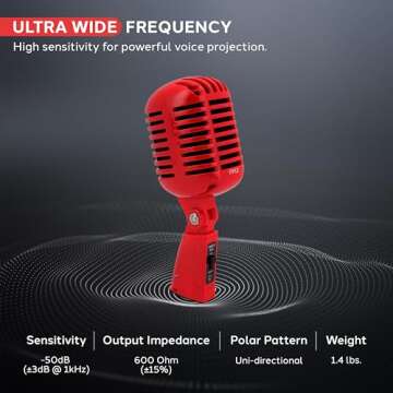 Pyle Classic Retro Dynamic Vocal Microphone - Old Vintage Style Unidirectional Cardioid Mic with XLR Cable - Universal Stand Compatible - Live Performance, In-Studio Recording - Pro PDMICR42R (Red)