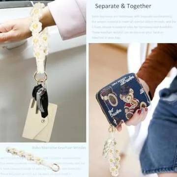 BIHRTC Wallet Keychain Wristlet with Tassel Boho Macrame Wrist Lanyard Handmade Wristlet with Net Chapstick Holder Flower Keychain Wristband Bracelet for Women Girls Keyring