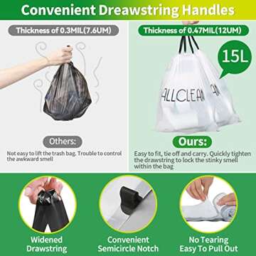 Trash Bags Small 2 to 4 Gallons Drawstring with Handles, Small Kitchen Garbage Bags White Drawstring...