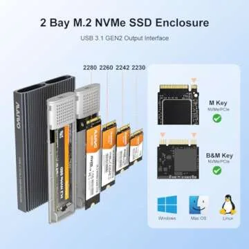 MAIWO 2 Bay M.2 NVMe SSD Enclosure USB 3.1 Gen2 Type-C 10Gbps Support UASP Tool Free Support 2230/2242/2260/2280 M Key/B&M Key Aluminum Case