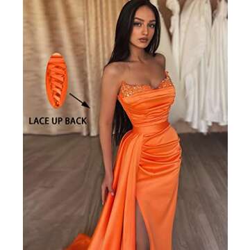 Fanciest High Slit Champagne Prom Dresses Long 2025 Beaded Mermaid Evening Party Gowns for Women US6