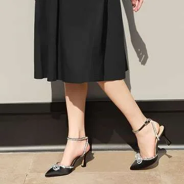 Ankis Women's Rhinestone Bow Heels Closed Toe Pumps Strappy Heels for Women Wedding Shoes for Bride Party Prom Evening Dress Shoes Black Satin