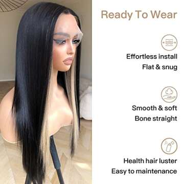 BrownBomb Skunk Stripe Wig Lace Front Wig Pre Plucked Ready to Wear, HD Glueless 13X5X1 Synthetic Lace Front Wigs for Women 180 Density 26inch, Black and Blonde Wig Skunk Stripe Effortless Chic