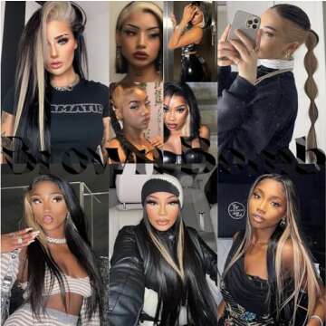 BrownBomb Skunk Stripe Wig Lace Front Wig Pre Plucked Ready to Wear, HD Glueless 13X5X1 Synthetic Lace Front Wigs for Women 180 Density 26inch, Black and Blonde Wig Skunk Stripe Effortless Chic