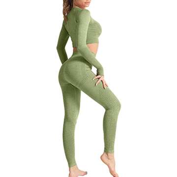 HYZ Women's Seamless 2 Piece Outfits Workout Long Sleeve Crop Top High Waist Yoga Legging Sets Avocadogreen