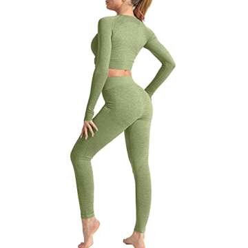 HYZ Women's Seamless 2 Piece Outfits Workout Long Sleeve Crop Top High Waist Yoga Legging Sets Avocadogreen