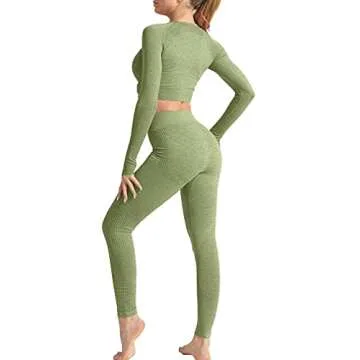 HYZ Women's Seamless 2 Piece Outfits Workout Long Sleeve Crop Top High Waist Yoga Legging Sets Avocadogreen