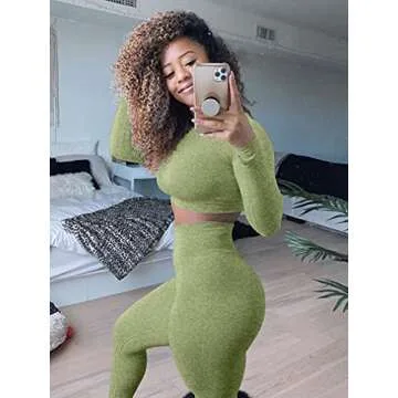 HYZ Women's Seamless 2 Piece Outfits Workout Long Sleeve Crop Top High Waist Yoga Legging Sets Avocadogreen