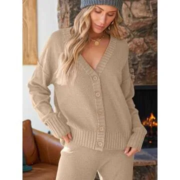 LILLUSORY Womens 2 Two Piece Lounge Sets Sweater Matching Loungewear 2025 Fall Winter Fashion Trendy Cozy Comfy Knit Cardigan Pant Wear Clothing Airport Outfits Travel Clothes Beige M
