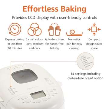 Amazon Basics Programmable Bread Maker, 2 Pound Non-Stick Automatic Bread Making Machine, With 14 Se...