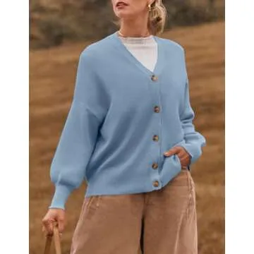 ZESICA Women's Casual Long Sleeve Cardigan V Neck Button Down Open Front Knit Loose Oversized Sweater Coat,Blue,Small